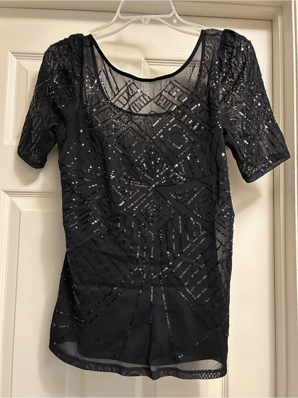 Black Sequin Geometric Mesh Top